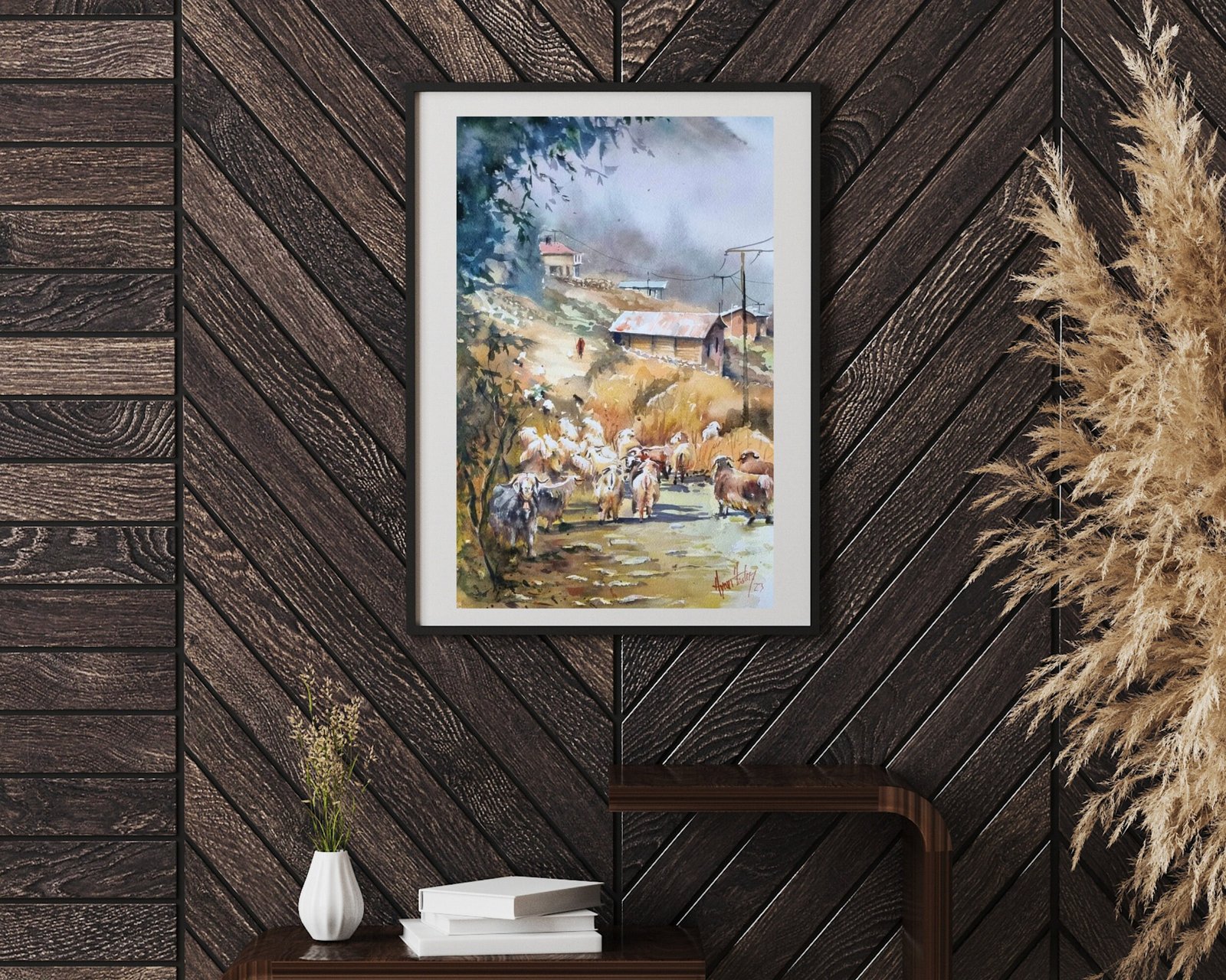 original sheep watercolor painting, large handmade village watercolour, living room wall art, impressionism art original sheep watercolor painting, large handmade village watercolour, living room wall art, impressionism art