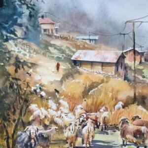 Ana sayfa original sheep watercolor painting, large handmade village watercolour, living room wall art, impressionism art