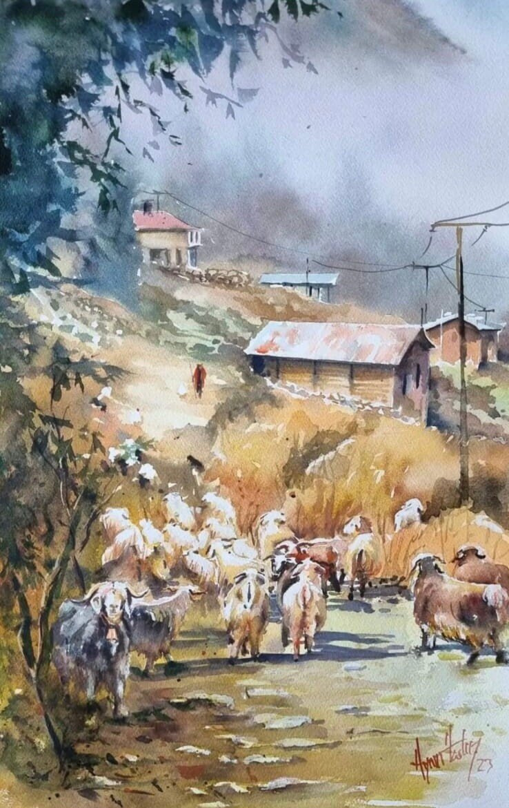 original sheep watercolor painting, large handmade village watercolour, living room wall art, impressionism art original sheep watercolor painting, large handmade village watercolour, living room wall art, impressionism art